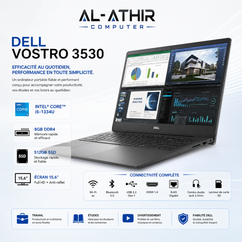Dell Vostro 3530 Intel Core i5-1334U | 8GB DDR4 RAM | 512GB SSD | ECRAN 15,6 | Dos