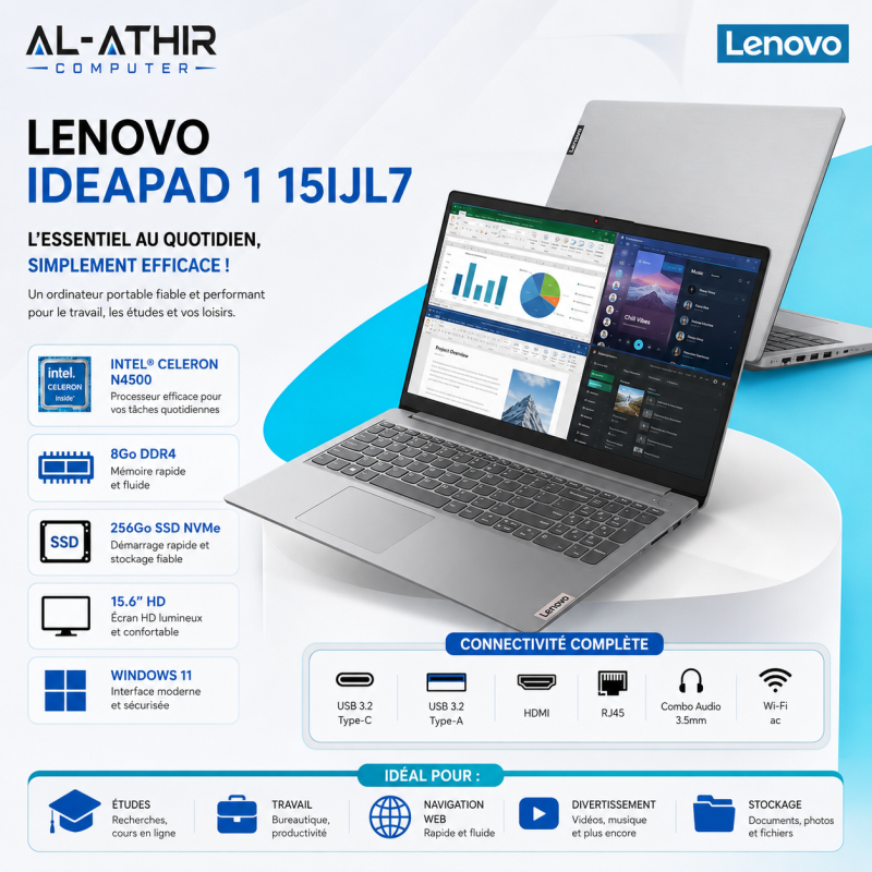 LENOVO IdeaPad 1 15IJL7 | CPU Intel Celeron N4500 | 8Go RAM DDR4 | 256 Go SSD NVME | Ecran 15.6"