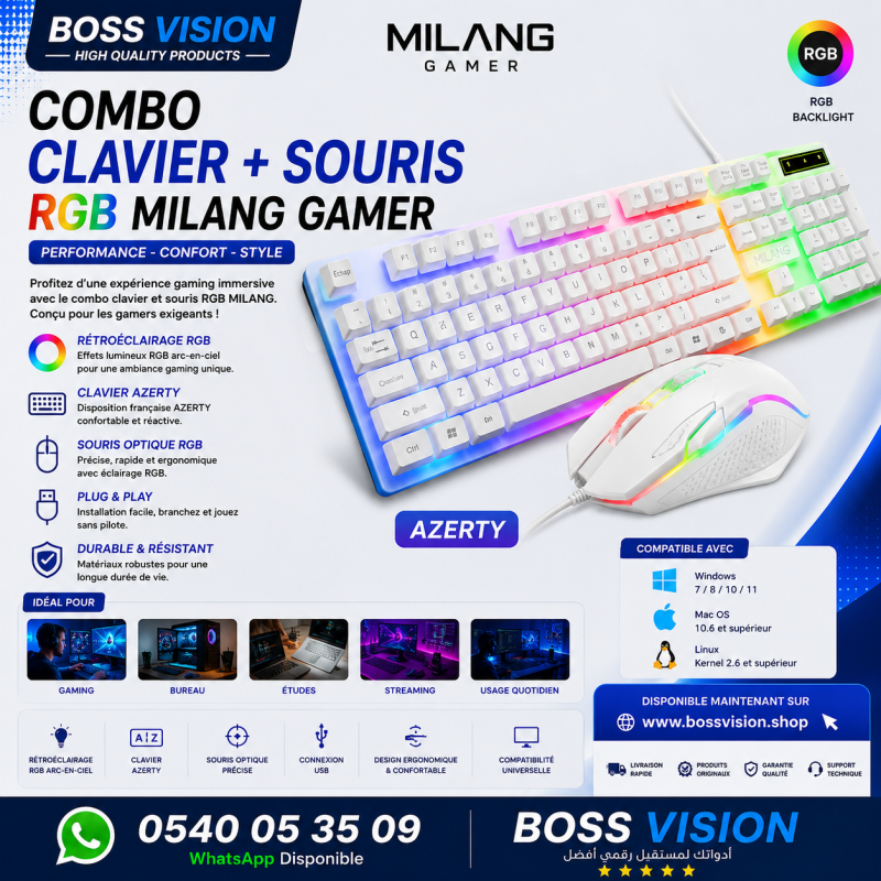 CLAVIER RGB WHITE AZERTY RGB Backlit Gaming Keyboard 104 Keys USB, White Keyboard Mouse TOP Quality