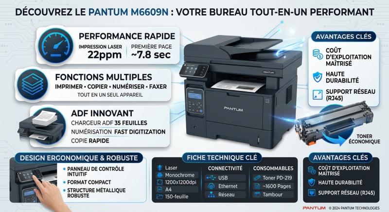 IMPRIMANTE Pantum LASER 3in1 M6609N 22ppm +FAX +RESEAU +ADF