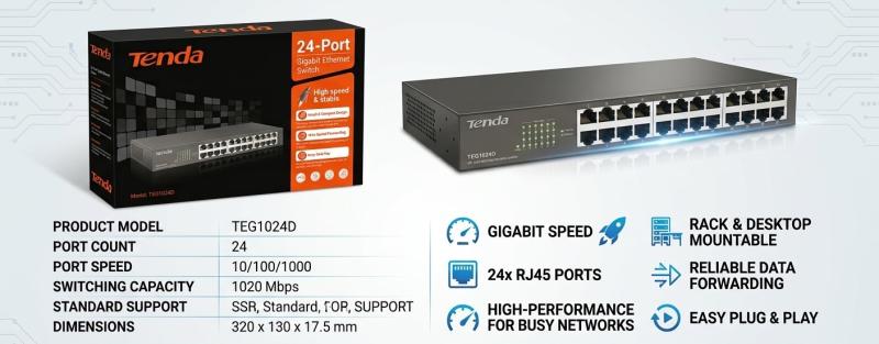 SWITCH TENDA 24 PORTS -10/100/1000  GIGABITE--1024D