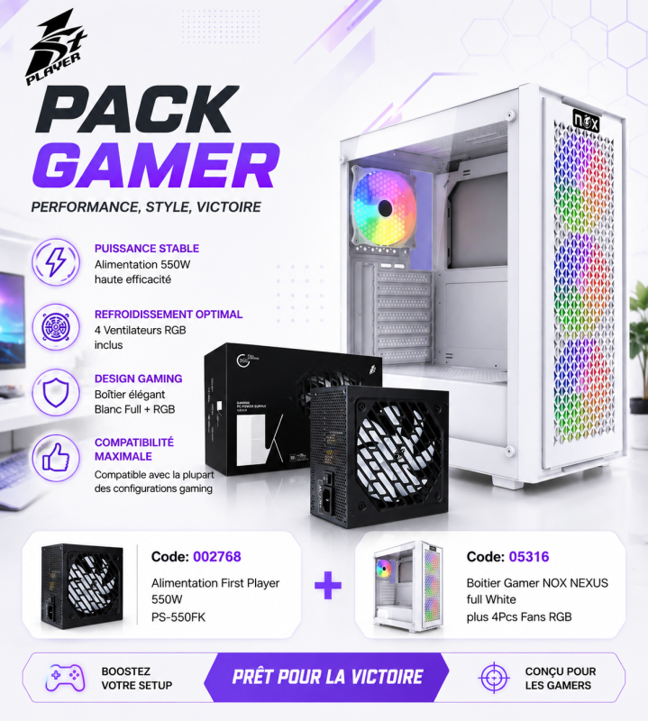 Kit Alimentation First Player 550W PS-550FK Plus Boitier Gamer NOX NEXUS full White plus 4Pcs Fans RGB