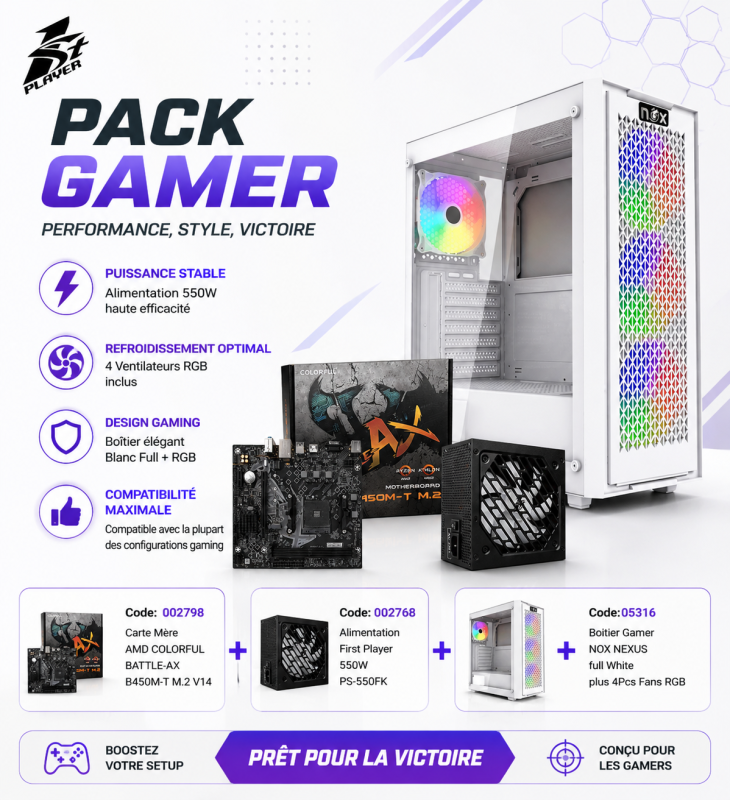 Kit Alimentation First Player 550W PS-550FK Plus Boitier Gamer NOX NEXUS full White plus 4Pcs Fans RGB Plus Carte Mere AMD COLORFUL BATTLE-AX B450M-T M.2 V14