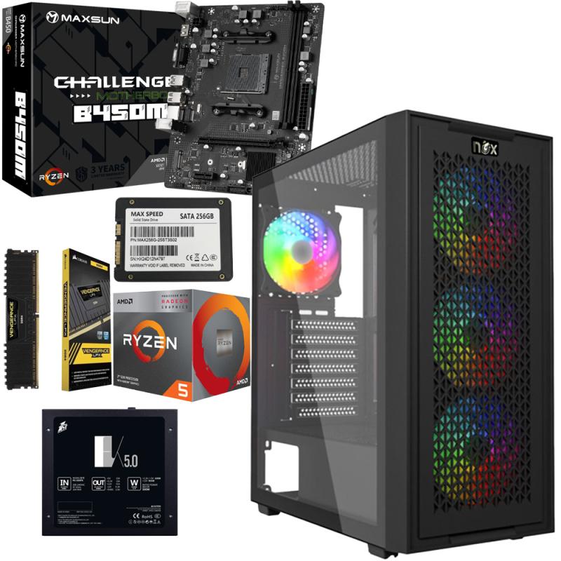 Unite Gamer AMD RZN5 5655G/CM B450M-HDV/DDR4 8G 3200Mhz/SSD 256 GB /PSU 550W/Boitier Gamer NOX NEXUS White plus 4Pcs Fans RGB