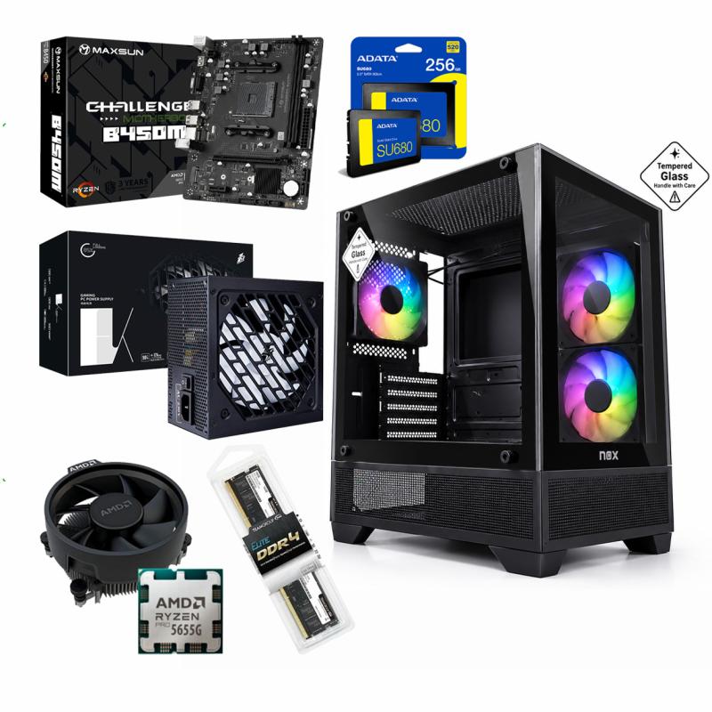 Unite Gamer AMD RZN5 5655G/CM B450M-HDV/DDR4 8G 3200Mhz/SSD 256 GB /PSU 550W/Boitier NOX RAVEN Black 4Pcs Fans RGB