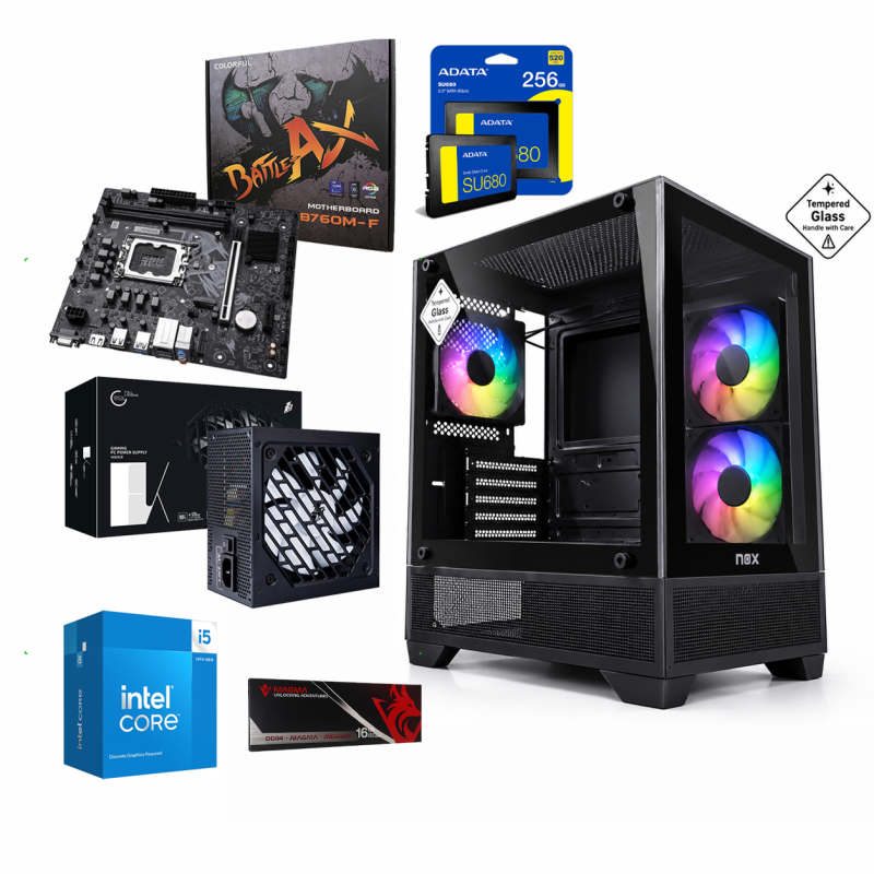 Unite Gamer Intel I5 14400F /CM B760MX2-E D4 /DDR4 16G 3200Mhz / SSD 512 GB/ PSU 550W / Boitier NOX RAVEN full Black plus 3Pcs Fans M31-12cm ARGB