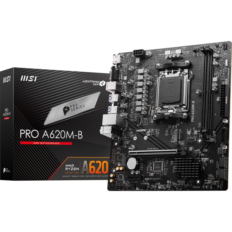 Carte mere MSI PRO A620M-B Motherboard, Micro-ATX - Supports AMD Ryzen 9000 Series Processors, AM5 - DDR5 Memory Boost 6400+MHz/OC, 1 x PCIe 4.0 x16, 1 x M.2 Gen4