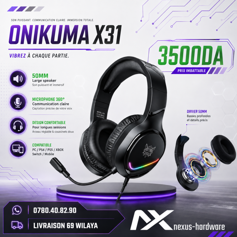 💯 Casque Gaming RGB🎧ONIKUMA X31✅ Original 💥 Prix 9owa 💥