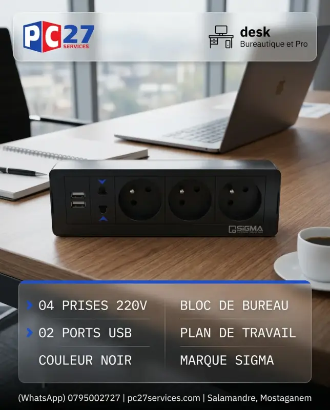 BLOC MULTIPRISE DE BUREAU POUR PLAN DE TRAVAIL SIGMA – 04 PRISES 220V + 02 PORTS USB – NOIR / BLANC