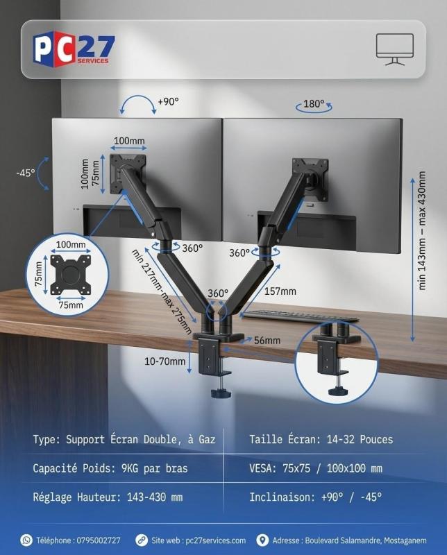 SUPPORT ECRAN 02 BRAS, A GAZ :14"-32",9KG REF CT-LCD-DSA2902