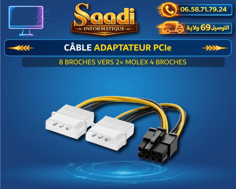 CABLE ADAPTATEUR PCIe 8 BROCHES VERS 2× MOLEX 4 BROCHES